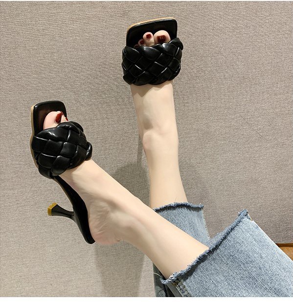 Middle-heel Korean style weave square head fashion slippers