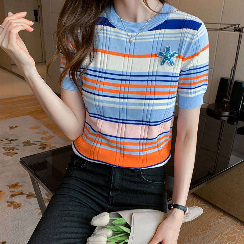 Loose slim tops stripe rainbow T-shirt for women