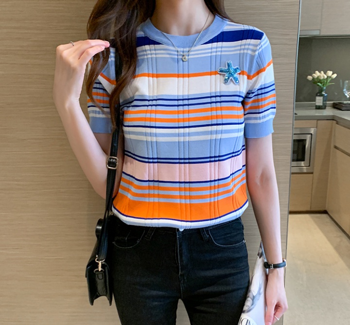 Loose slim tops stripe rainbow T-shirt for women