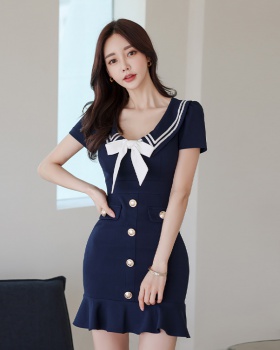 Sweet summer bow navy style mermaid Korean style slim dress