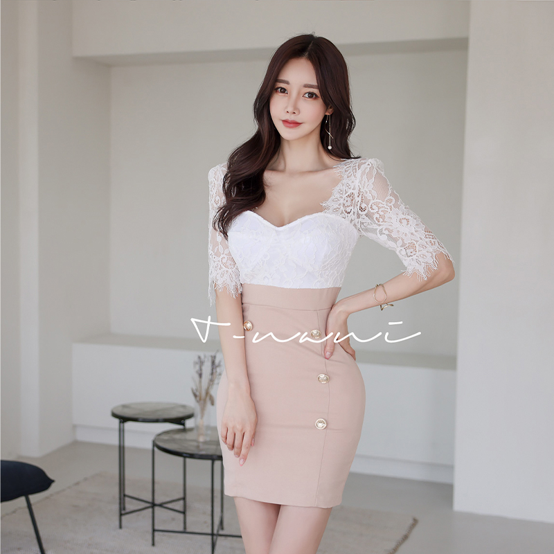 High waist Korean style lace double-breasted summer dress
