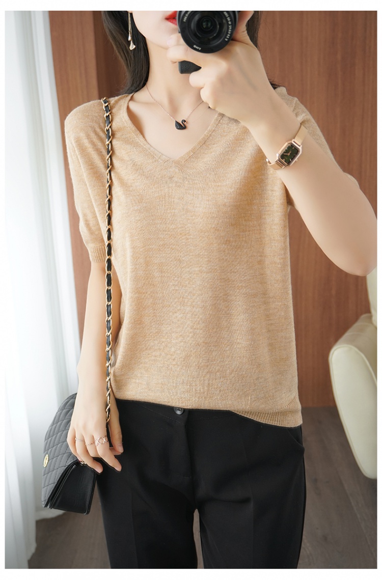 Loose summer knitted tops thin V-neck T-shirt for women