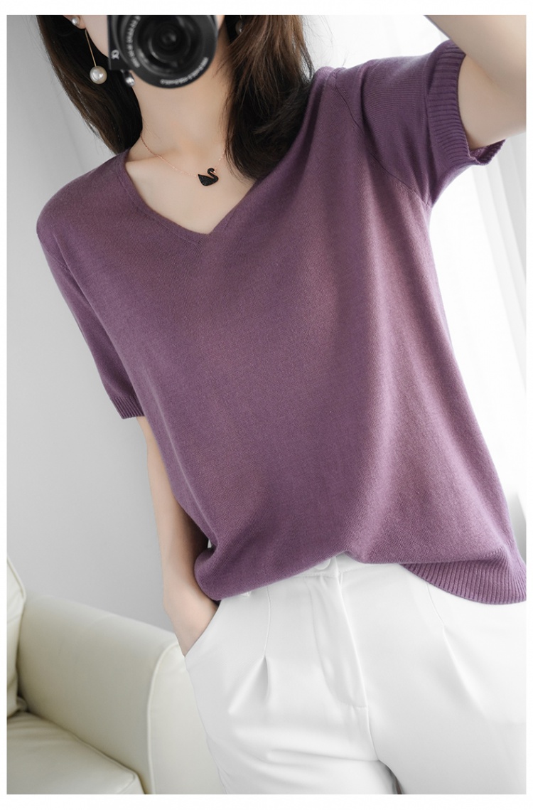 Loose summer knitted tops thin V-neck T-shirt for women