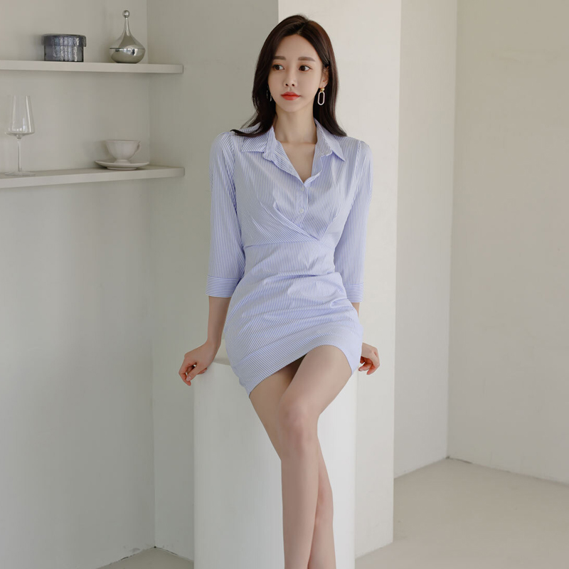 Package hip Korean style stripe shirt fashion slim dress