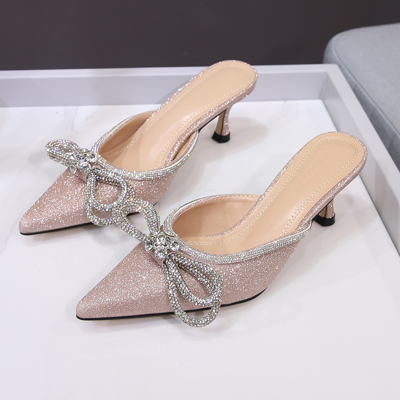 Rhinestone summer high-heeled shoes bow pointed sandals