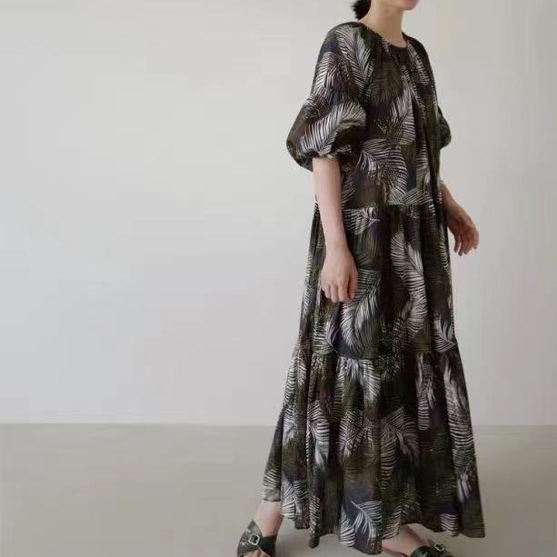 Long ladies ink printing Korean style dress