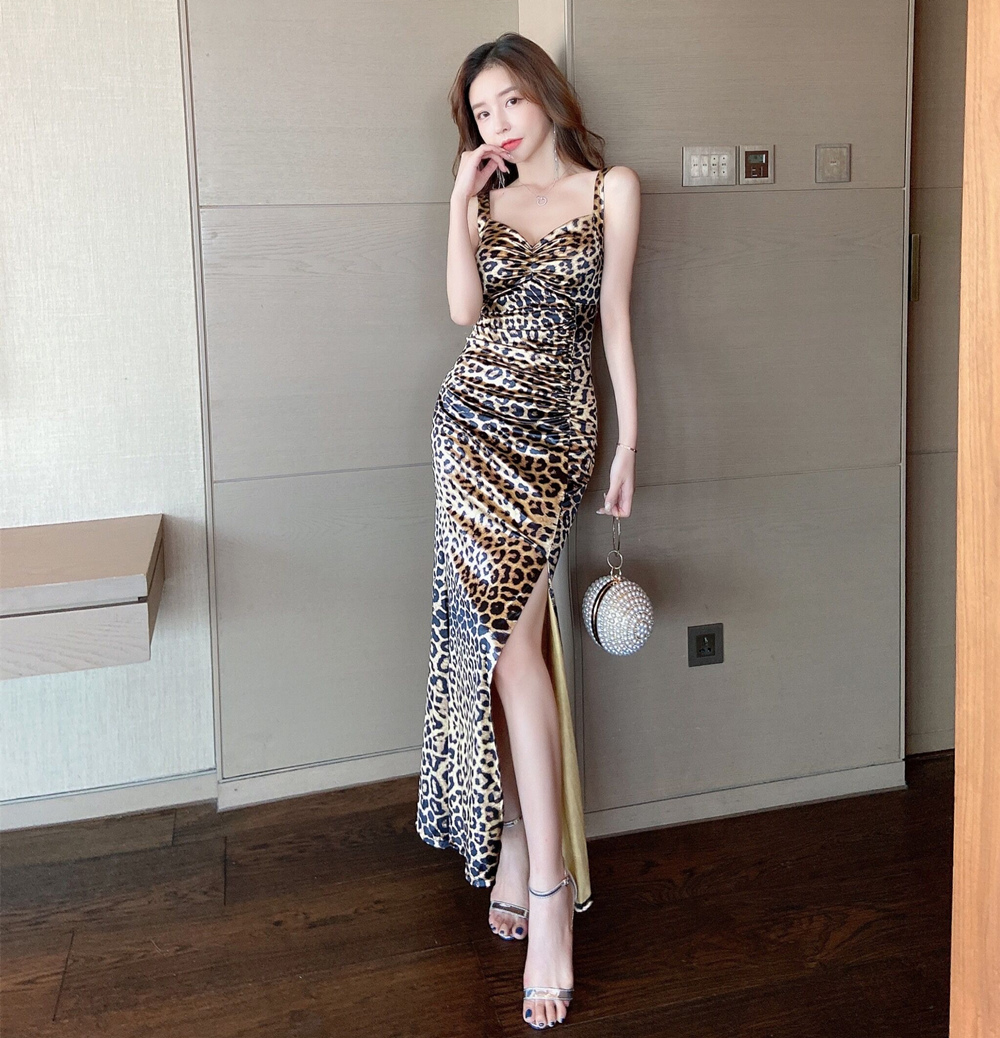 Sling low-cut leopard dress long high slit formal dress