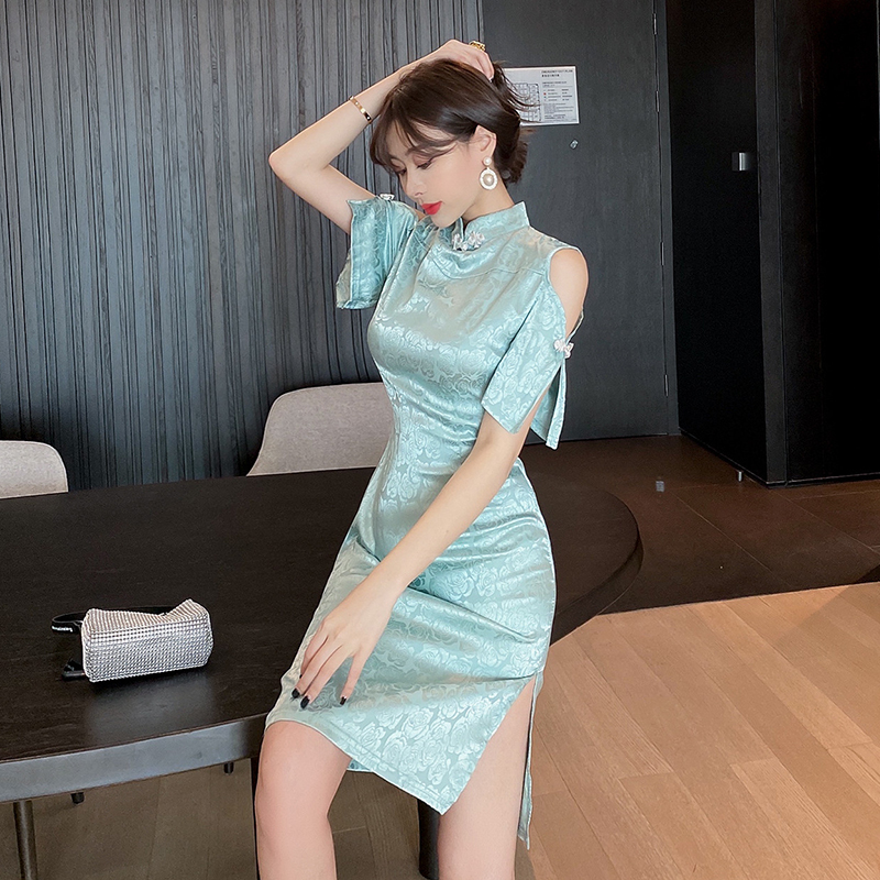 Modern fashion split elegant cheongsam jacquard short sexy dress