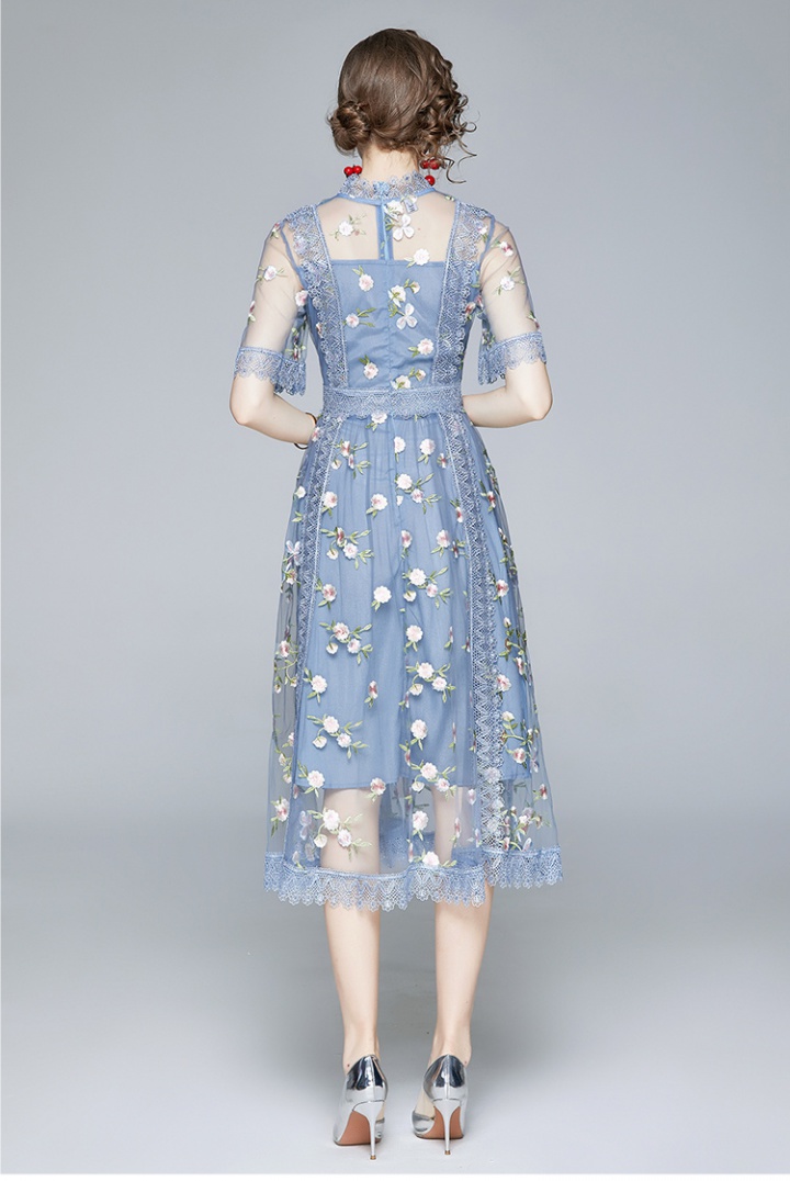 Short sleeve European style elegant embroidery summer slim dress