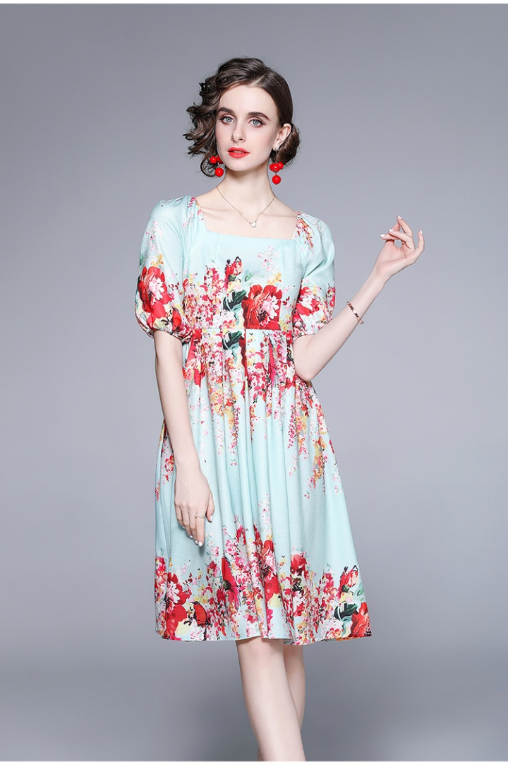 Flowers square collar puff sleeve dress for women