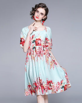 Flowers square collar puff sleeve dress for women