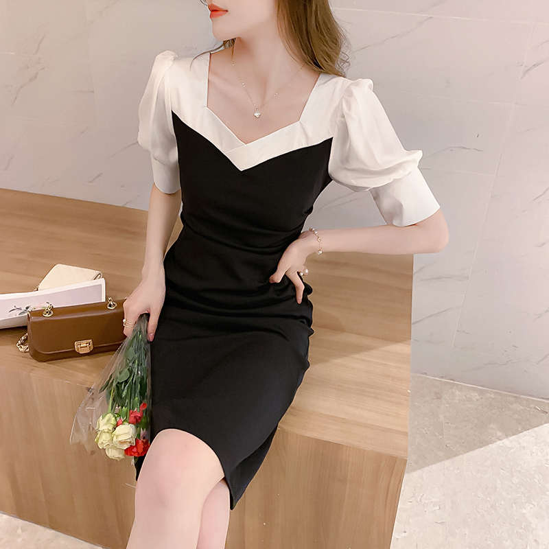 Splice summer black black-white dress for women