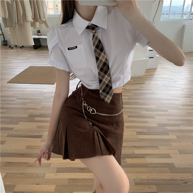 White short shirt pleated Korean style skirt 2pcs set