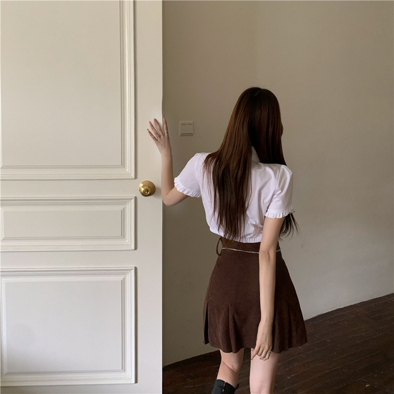 White short shirt pleated Korean style skirt 2pcs set