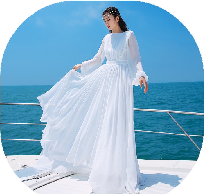 Chiffon trailing long dress white vacation beach dress