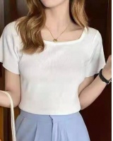 Knitted short tops square collar T-shirt for women