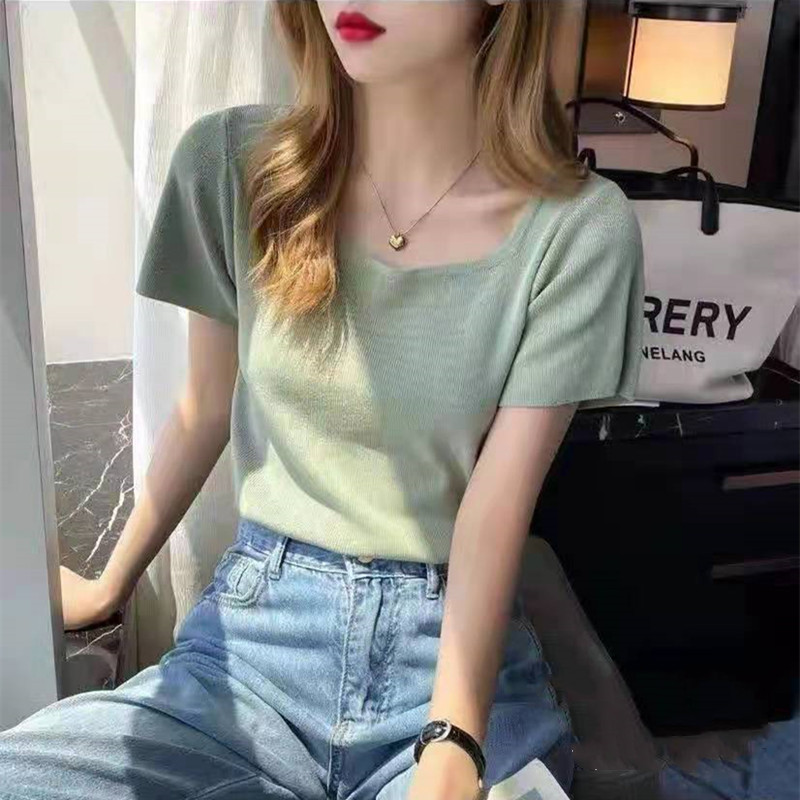 Knitted short tops square collar T-shirt for women