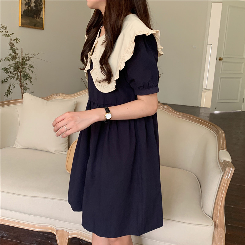 Loose navy collar sweet Korean style retro dress