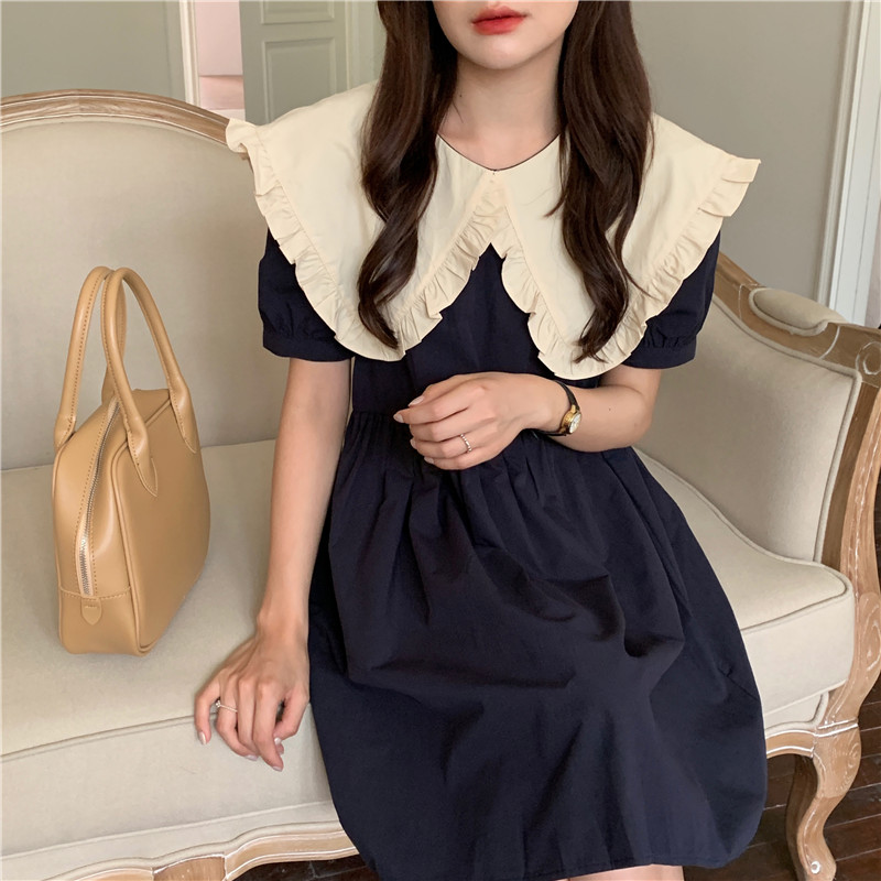 Loose navy collar sweet Korean style retro dress