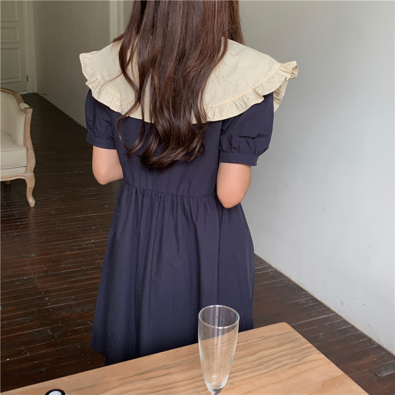 Loose navy collar sweet Korean style retro dress