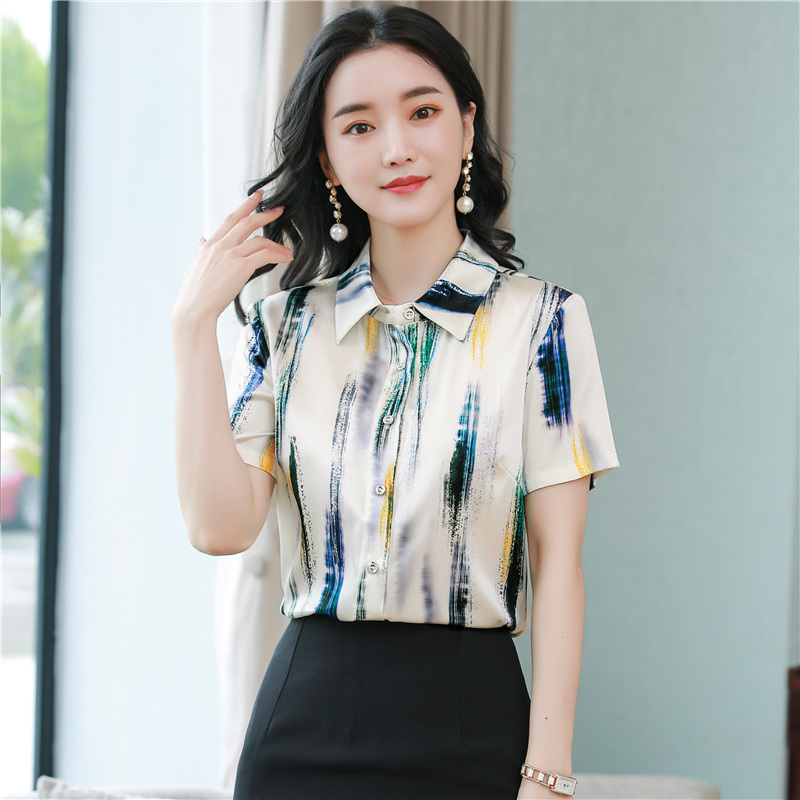 Summer printing shirts short sleeve real silk tops for women