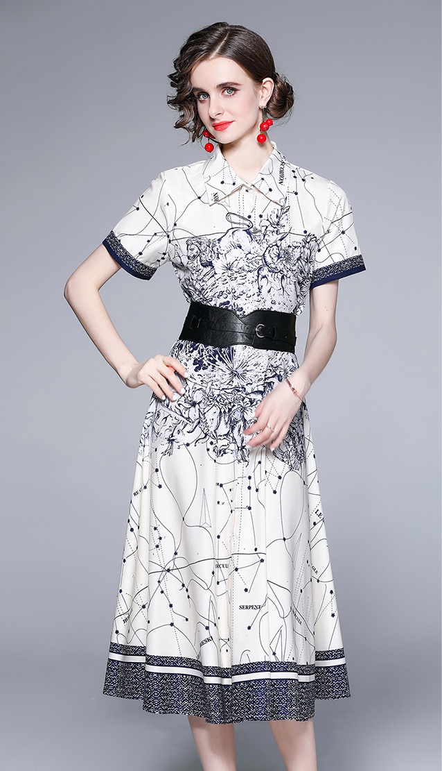 Pinched waist printing dress short sleeve belt for women