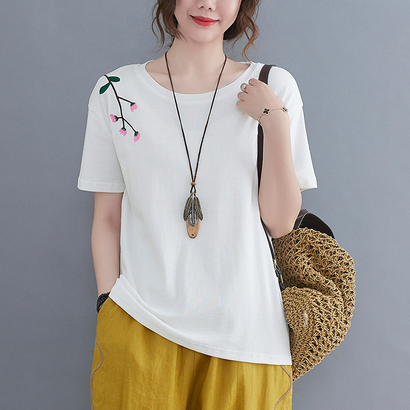 Loose embroidery tops all-match T-shirt for women