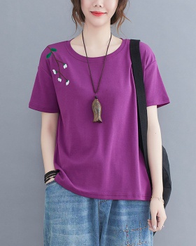 Loose embroidery tops all-match T-shirt for women