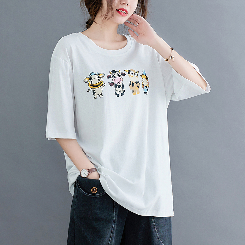 Cotton short sleeve T-shirt round neck retro shirts for women