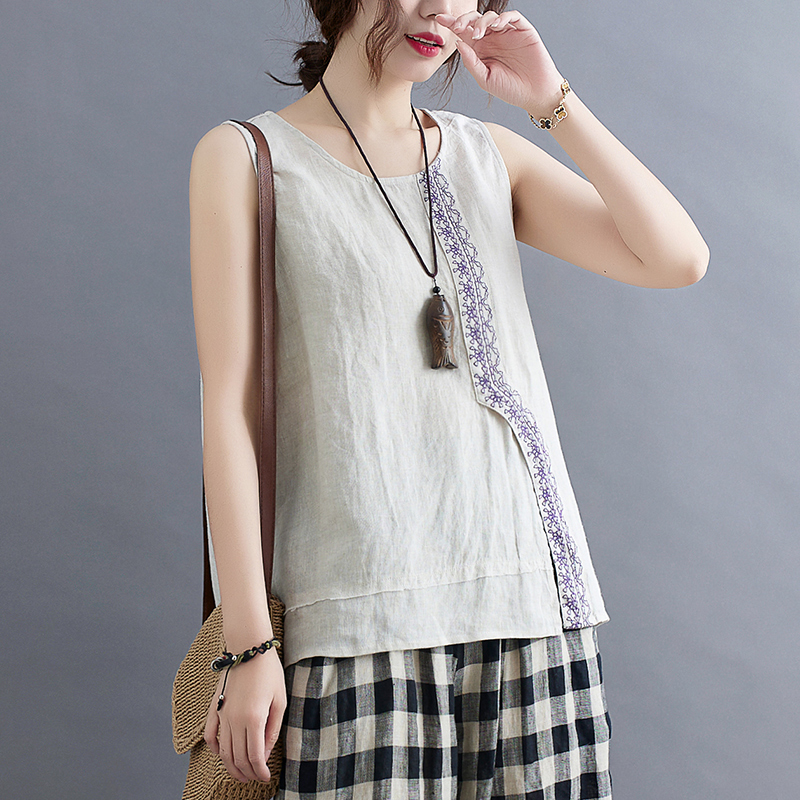 Embroidery flax art spring and summer loose sleeveless vest