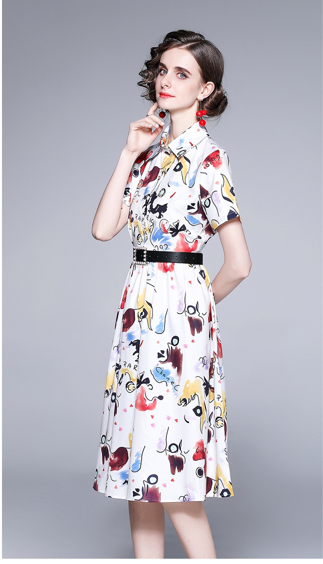 Summer fashion lapel show high short sleeve printing dress