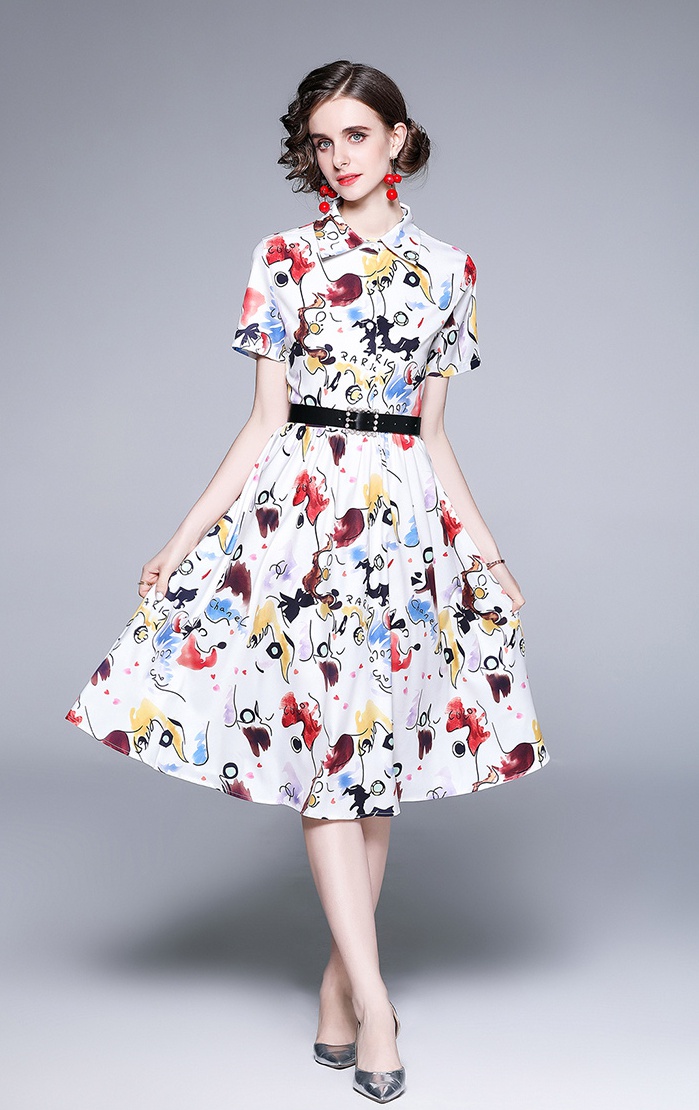 Summer fashion lapel show high short sleeve printing dress