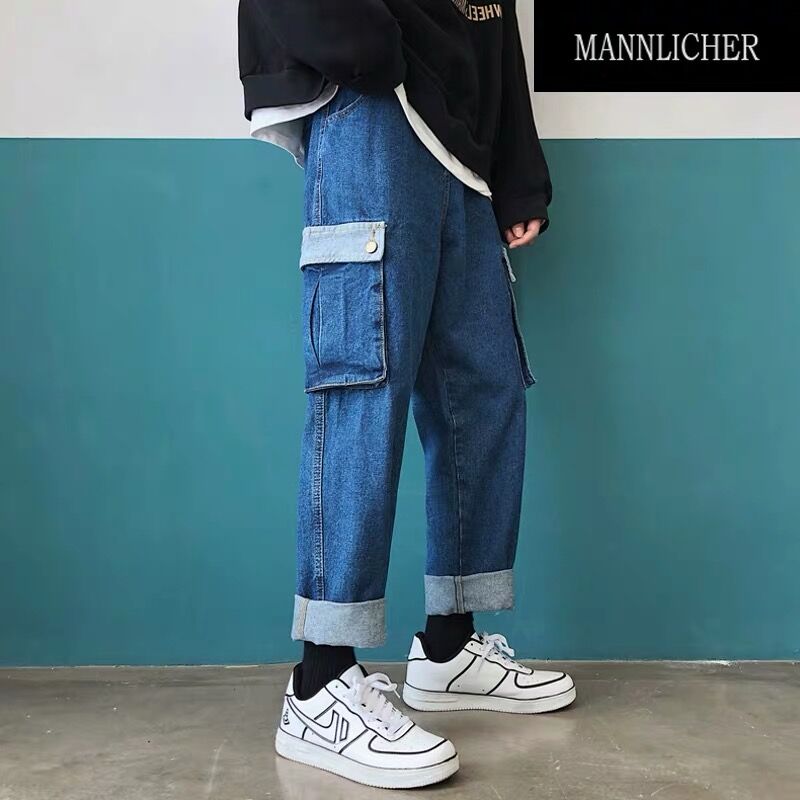 Student many pocket jeans spring and autumn work pants for men