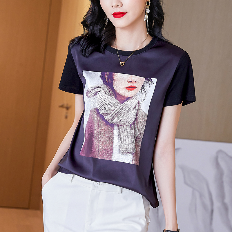 Satin short sleeve T-shirt printing silk tops for women