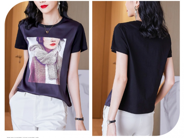 Satin short sleeve T-shirt printing silk tops for women