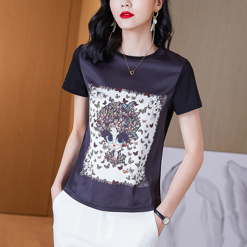 Silk short sleeve T-shirt printing tops for women