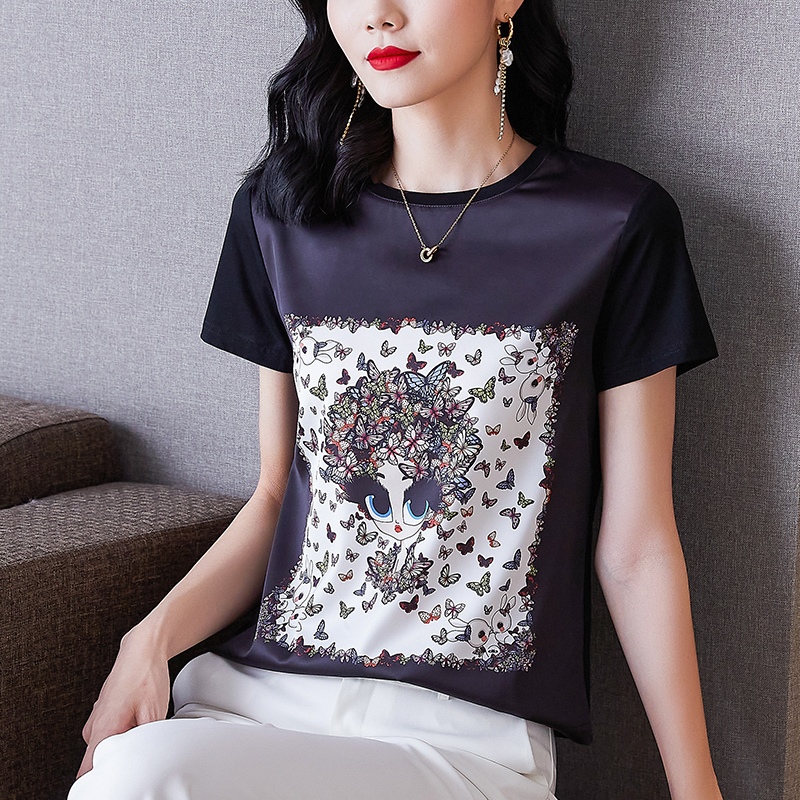 Silk short sleeve T-shirt printing tops for women