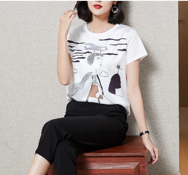 Printing temperament T-shirt satin cotton tops for women
