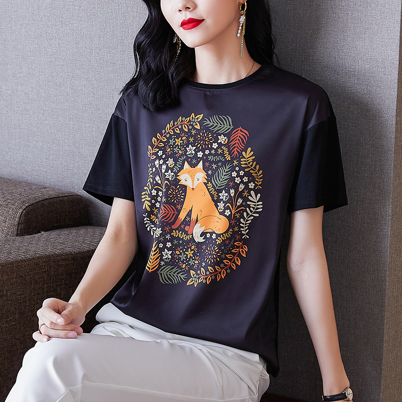 Cotton splice T-shirt printing silk tops for women