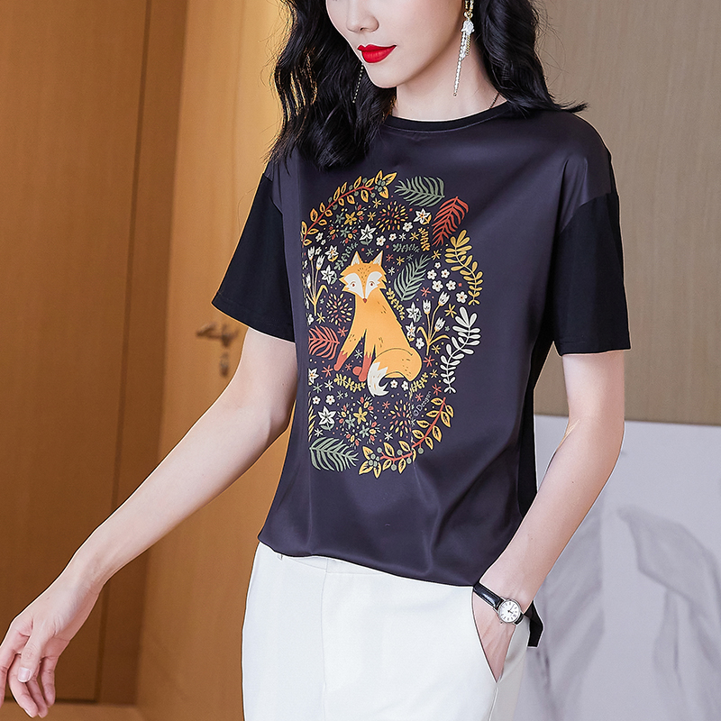 Cotton splice T-shirt printing silk tops for women