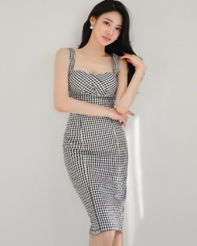 Casual Korean style summer strap slim houndstooth dress