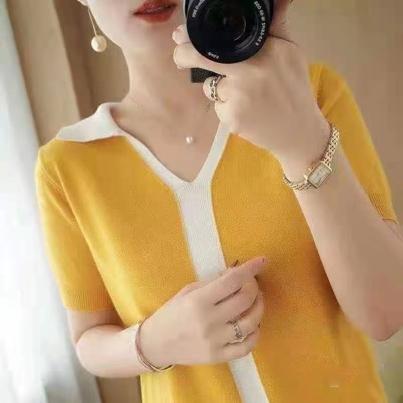 Ice silk loose tops V-neck large yard T-shirt for women