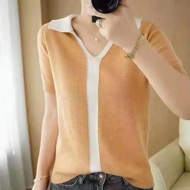 Ice silk loose tops V-neck large yard T-shirt for women
