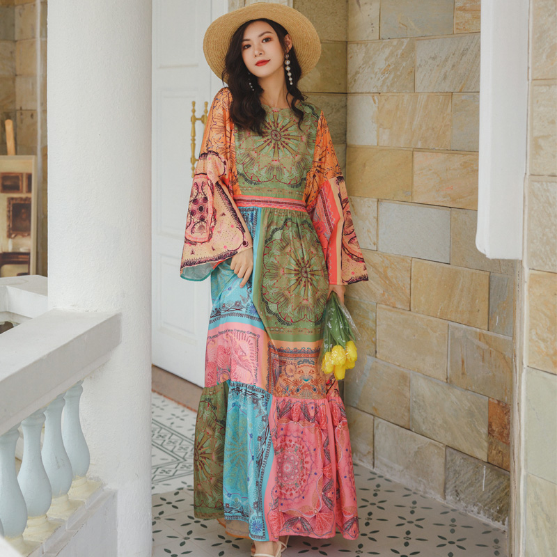 Mixed colors dress trumpet sleeves long dress for women