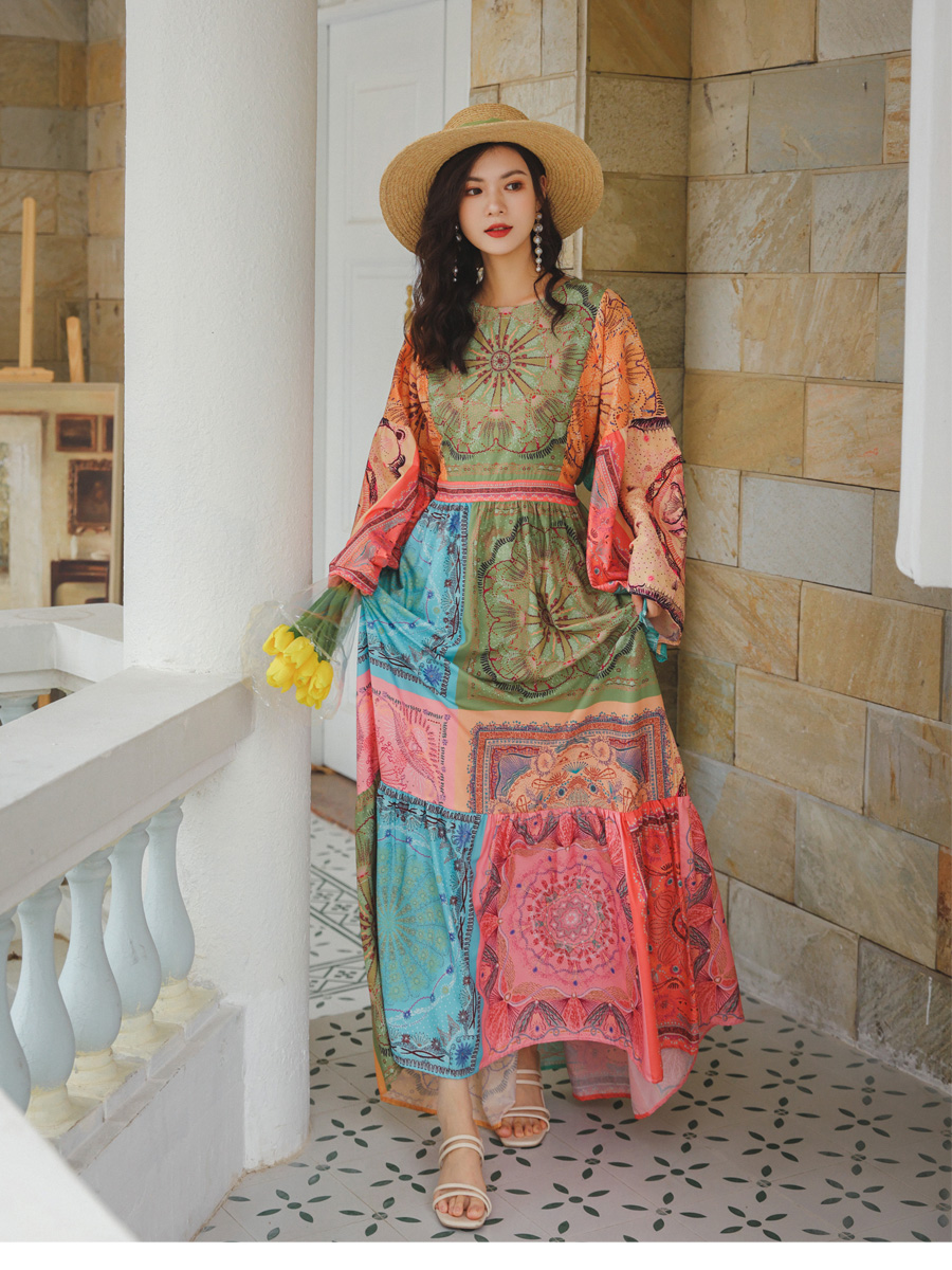 Mixed colors dress trumpet sleeves long dress for women
