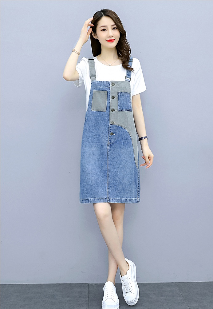 Loose retro strap dress denim dress 2pcs set for women