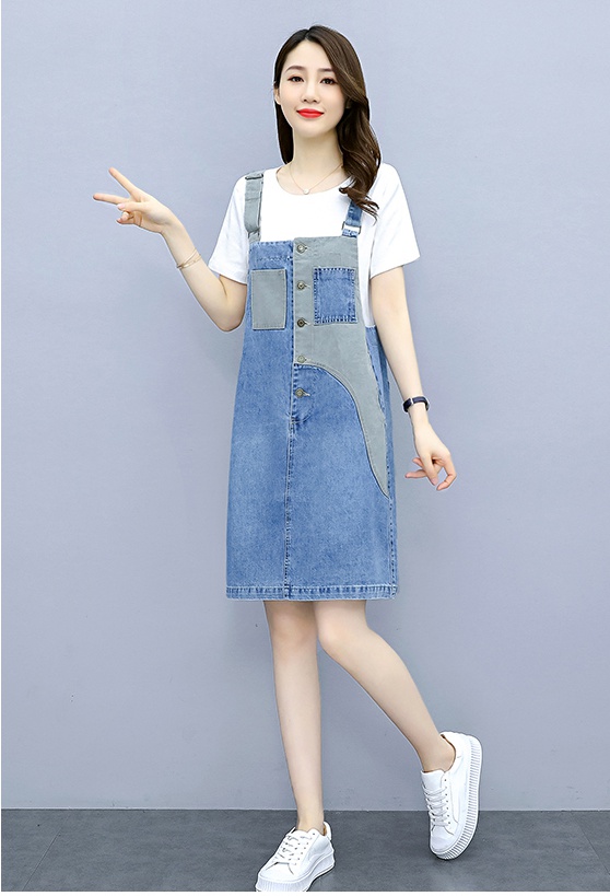 Loose retro strap dress denim dress 2pcs set for women