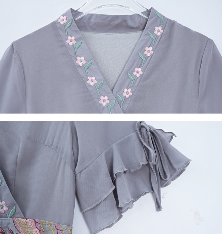 Pinched waist V-neck summer embroidery temperament dress