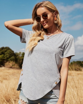 Pullover pure tops irregular buckle T-shirt for women