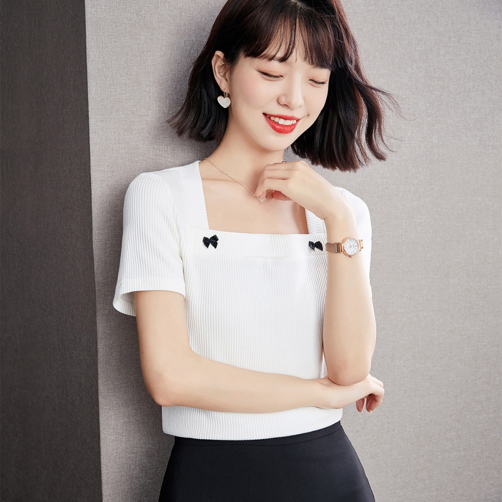 White loose square collar clavicle retro slim tops